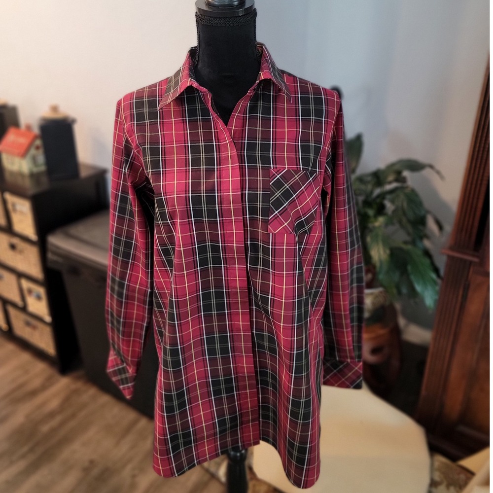 Orvis Womens Red Black Plaid Button Down Shirt Long Sleeve Size 12 Pocket